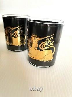 VERY RARE Vintage Culver Black Gold Unicorn Glasses 4set Double Old Fashioned