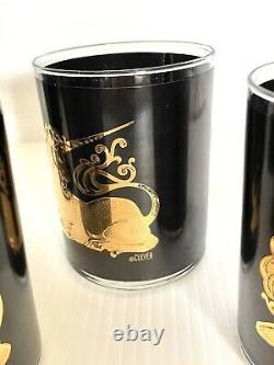 VERY RARE Vintage Culver Black Gold Unicorn Glasses 4set Double Old Fashioned