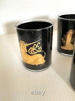 VERY RARE Vintage Culver Black Gold Unicorn Glasses 4set Double Old Fashioned