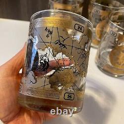 VTG Mid-Century Cera 22K Gold World Atlas Maps Double Old Fashioned Glasses (4)