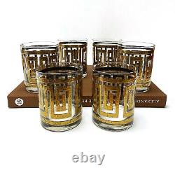 VTG Mid Century Culver 22K Gold Greek Key Double Old Fashioned Glasses Set Of 6