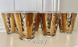 VTG Set/6 Georges Briard Double Old Fashioned Glasses Gold Blue Bars Crown 12 oz