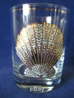 Vintage Culver 22kt Gold Enamel Seashell Rocks Double Old Fashioned Glasses S/4