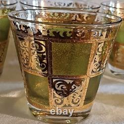 Vintage Culver Prado Green 22K Gold Double Old Fashioned Glasses Set of 6 MCM