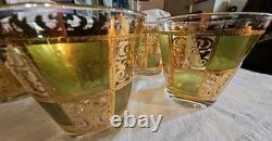 Vintage Culver Prado Green 22K Gold Double Old Fashioned Glasses Set of 6 MCM
