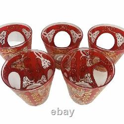 Vintage Culver Red Regal 22k Gold Double Old Fashioned Rocks Flared Glasses 5 Pc