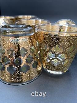 Vintage Culver Valencia 22kt Gold & Green Double Old Fashioned Glasses- Set of 8