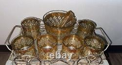 Vintage Culver Valencia Gold Green Diamonds Double Old Fashioned Glasses &Bucket