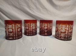 Vintage Red Flash Cut to Clear Crystal Double Old Fashioned Glasses Set of 4