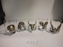 Vintage Set Of 5 Arthur Court Pewter Safari Animal Double Old Fashioned Glasses