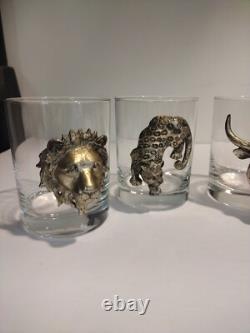 Vintage Set Of 5 Arthur Court Pewter Safari Animal Double Old Fashioned Glasses