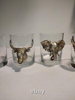 Vintage Set Of 5 Arthur Court Pewter Safari Animal Double Old Fashioned Glasses