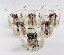 Vintage Set of Six Couroc Gilded Owl Double Old Fashioned Rocks Tumblers Glasses
