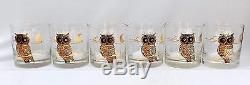 Vintage Set of Six Couroc Gilded Owl Double Old Fashioned Rocks Tumblers Glasses