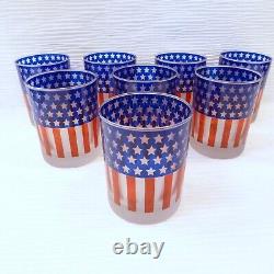 Vtg Culver Set of 8 Stars & Stripes Double Old Fashioned Frosted Glasses Scarce