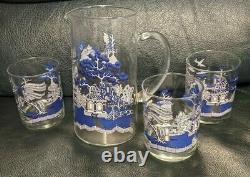 Vtg Johnson Brothers Blue Willow Glass Pitcher with 3 Double Old Fashioned Glasses