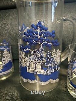 Vtg Johnson Brothers Blue Willow Glass Pitcher with 3 Double Old Fashioned Glasses