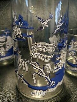 Vtg Johnson Brothers Blue Willow Glass Pitcher with 3 Double Old Fashioned Glasses