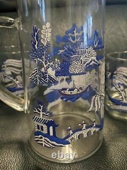 Vtg Johnson Brothers Blue Willow Glass Pitcher with 3 Double Old Fashioned Glasses