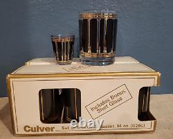 Vtg MCM 6 Culver Black/Gold Double Old Fashioned Glasses + Shot Glass New in Box