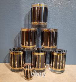Vtg MCM 6 Culver Black/Gold Double Old Fashioned Glasses + Shot Glass New in Box