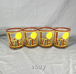Vtg MCM Cera Tennis LOVE Glasses Lowball Rocks Glasses Pop Art Set of 4 Signed