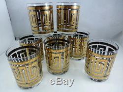 Vtg MCM Culver 22k Gold Crinkle Greek Key Double Old Fashioned Glasses Set Of 8