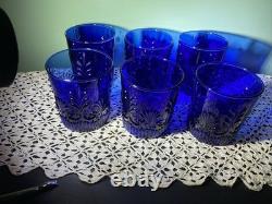 Vtg Pilgrim Glass Adams Cobalt Blue (6) Double Old Fashioned Glasses, 4 Barware
