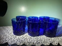 Vtg Pilgrim Glass Adams Cobalt Blue (6) Double Old Fashioned Glasses, 4 Barware