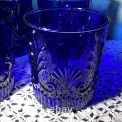 Vtg Pilgrim Glass Adams Cobalt Blue (6) Double Old Fashioned Glasses, 4 Barware