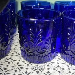 Vtg Pilgrim Glass Adams Cobalt Blue (6) Double Old Fashioned Glasses, 4 Barware
