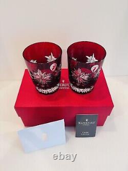 WATERFORD CRYSTAL SNOW CRYSTALS Ruby Red Pair DOUBLE OLD FASHIONED GLASSES NIB