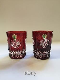 WATERFORD Ruby Red Snow Crystals Double Old Fashioned Glasses, set of 2, UNUSED