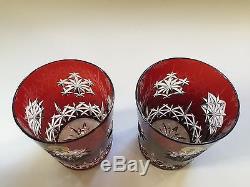 WATERFORD Ruby Red Snow Crystals Double Old Fashioned Glasses, set of 2, UNUSED