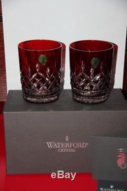Waterford Crystal Ruby Red Lismore Double Old Fashioned Tumblers -Pair-NEW NIB-A