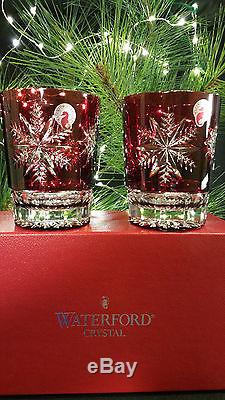 Waterford Crystal Snow Crystals Dof Double Old Fashioned Pair Nib Ruby Glasses