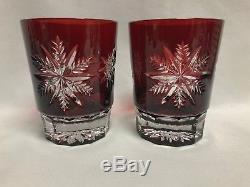 Waterford Crystal Snowflake Wishes Joy Ruby Red 2 Double Old Fashioned Tumblers
