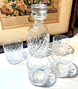 Waterford Lismore Crystal Decanter & 4 Double Old Fashioned Glasses Signed Irish