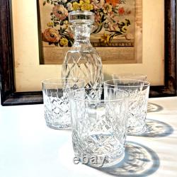 Waterford Lismore Crystal Decanter & 4 Double Old Fashioned Glasses Signed Irish