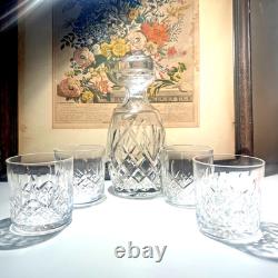 Waterford Lismore Crystal Decanter & 4 Double Old Fashioned Glasses Signed Irish