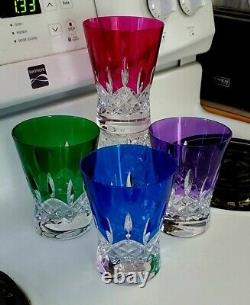 Waterford Lismore Pops 4 Double Old Fashioned Glasses Blue Green Purple & Pink