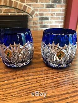 Waterford SEAHORSE Cobalt Blue Tumblers Pair Double Old Fashioned New WithO Box