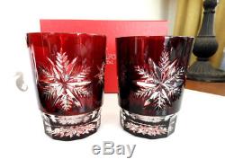 Waterford SNOW CRYSTALS Ruby Red Double Old Fashioned Glasses DOF PAIR NICE/BOX