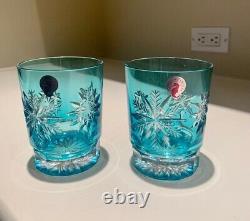 Waterford Snow Crystal Aqua Double Old Fashioned Glasses set of 2 Collectible