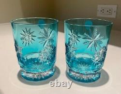 Waterford Snow Crystal Aqua Double Old Fashioned Glasses set of 2 Collectible