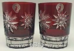 Waterford Snow Crystals Ruby Red Double Old Fashioned Glasses Pair Snowflakes