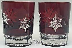 Waterford Snow Crystals Ruby Red Double Old Fashioned Glasses Pair Snowflakes