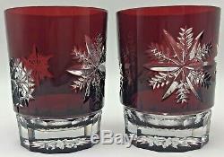 Waterford Snow Crystals Ruby Red Double Old Fashioned Glasses Pair Snowflakes