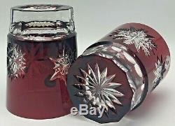 Waterford Snow Crystals Ruby Red Double Old Fashioned Glasses Pair Snowflakes