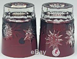 Waterford Snow Crystals Ruby Red Double Old Fashioned Glasses Pair Snowflakes